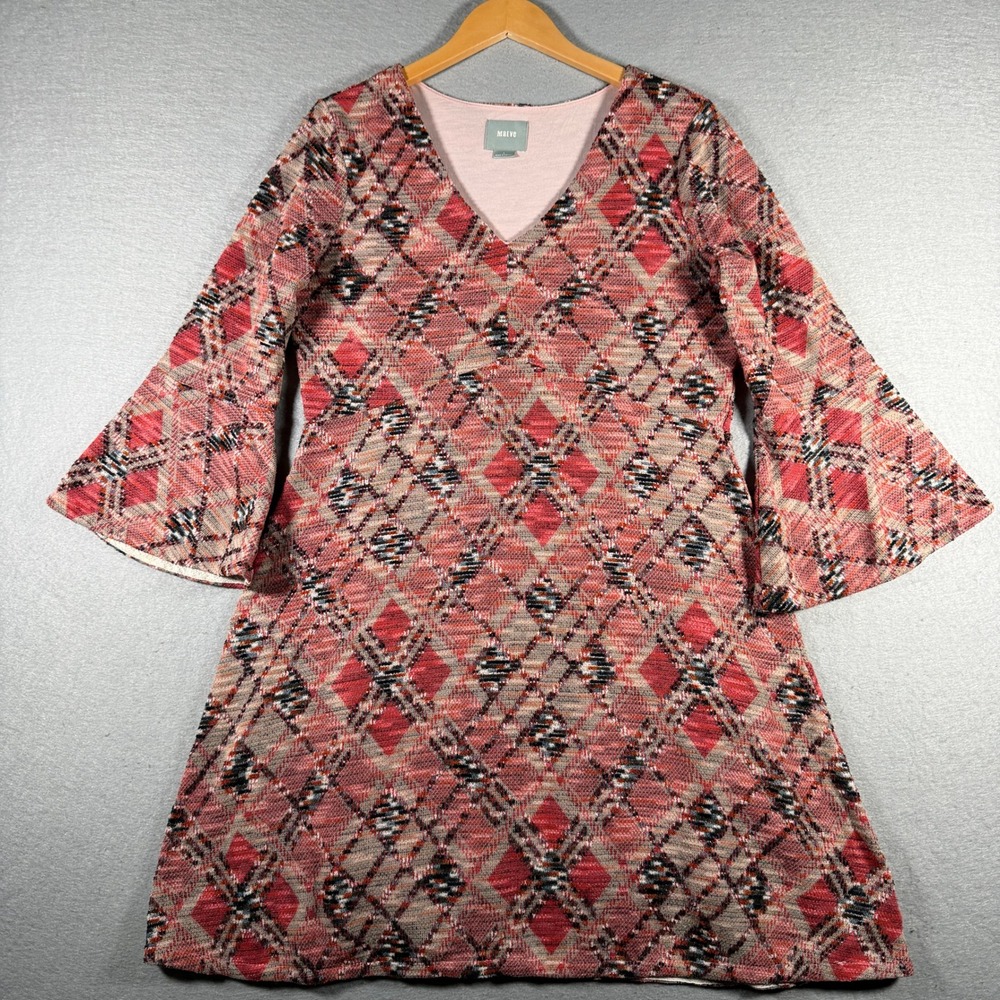 Maeve Anthropologie Pink Argyle Plaid Bell Sleeve‎ V-Neck Mini Dress Large 13412